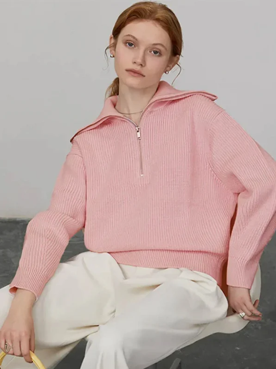 Women's wool-blend pullover sweater relaxed fit high zip collar ribbed trim warm knit