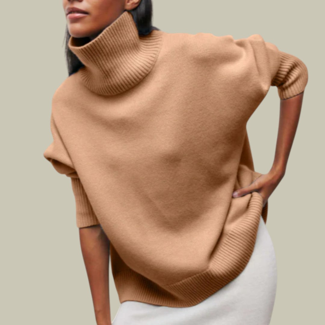 Women's oversized turtleneck sweater in winter tones, relaxed fit with cozy snug collar for layering