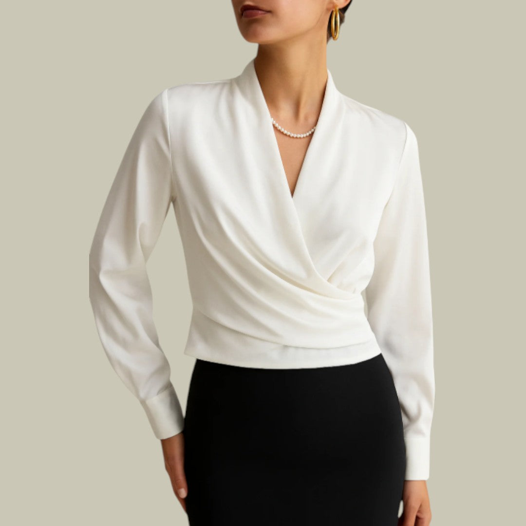 Ruby satin wrap-front blouse, deep red long sleeve V-neckline top for work to evening wear