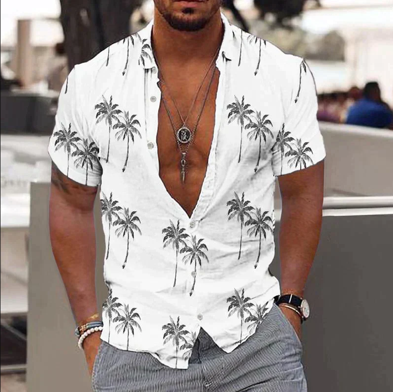 Men's relaxed fit short sleeve shirt tropical palm print button placket casual summer style