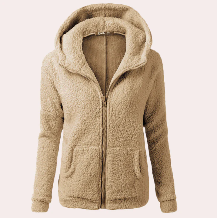 Women's long winter coat with hood, button closure, cozy sustainable outerwear for cold weather
