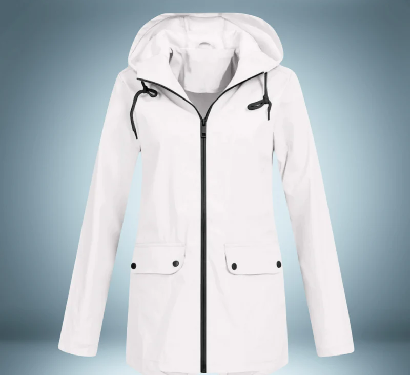 Women's waterproof hooded raincoat with secure pockets, breathable fabric, refined silhouette for daily wear