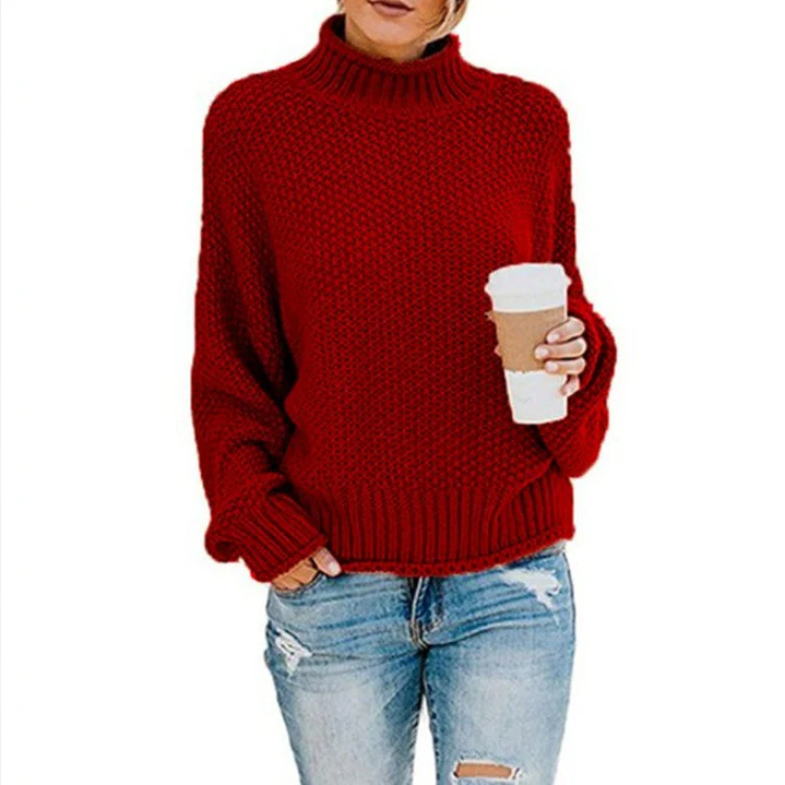 Women's slim fit turtleneck knit sweater in soft sustainable fabric for elegant winter warmth