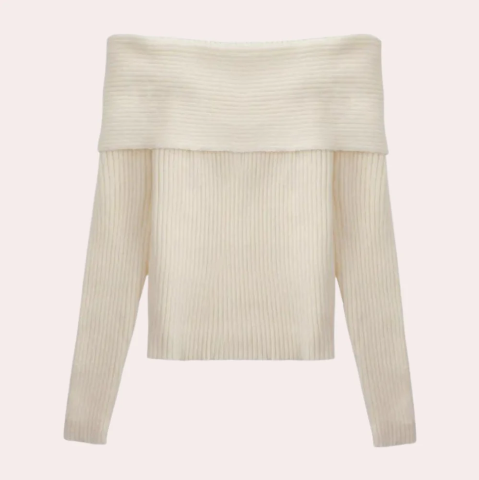 Women's ivory off-shoulder knit sweater with textured ribbed fabric, elegant modern silhouette