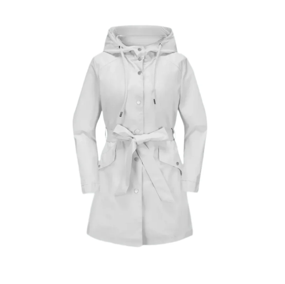 Women's beige waterproof trench coat classic silhouette with weather-ready sustainable finish