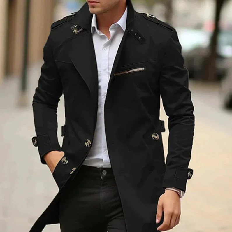 Men's lightweight beige trench coat minimalist slim silhouette with clean lines for modern professionals