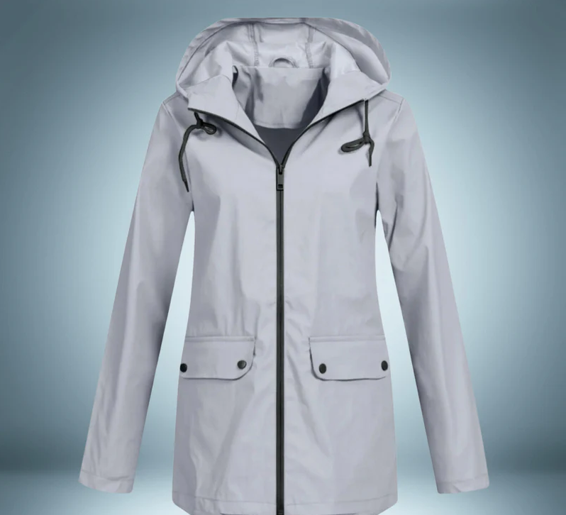 Women's waterproof hooded raincoat with secure pockets, breathable fabric, refined silhouette for daily wear