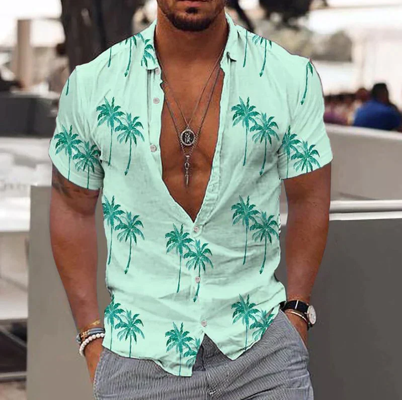 Men's relaxed fit short sleeve shirt tropical palm print button placket casual summer style