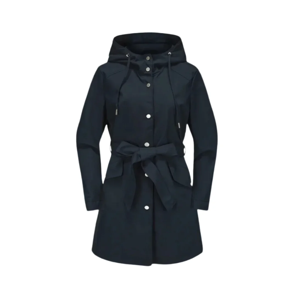 Women's beige waterproof trench coat classic silhouette with weather-ready sustainable finish