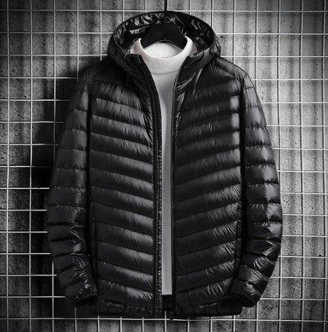 Alpine Crest lightweight down jacket in neutral tone, slim modern cut with premium insulated fill