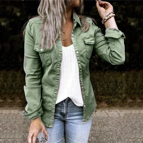 Women's blue denim jacket modern slim fit versatile layering premium everyday casual style