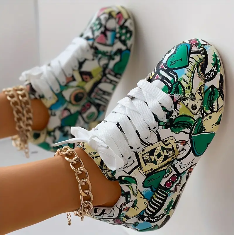 Hazel graffiti print women's trainers bold urban street style sneakers for casual everyday comfort