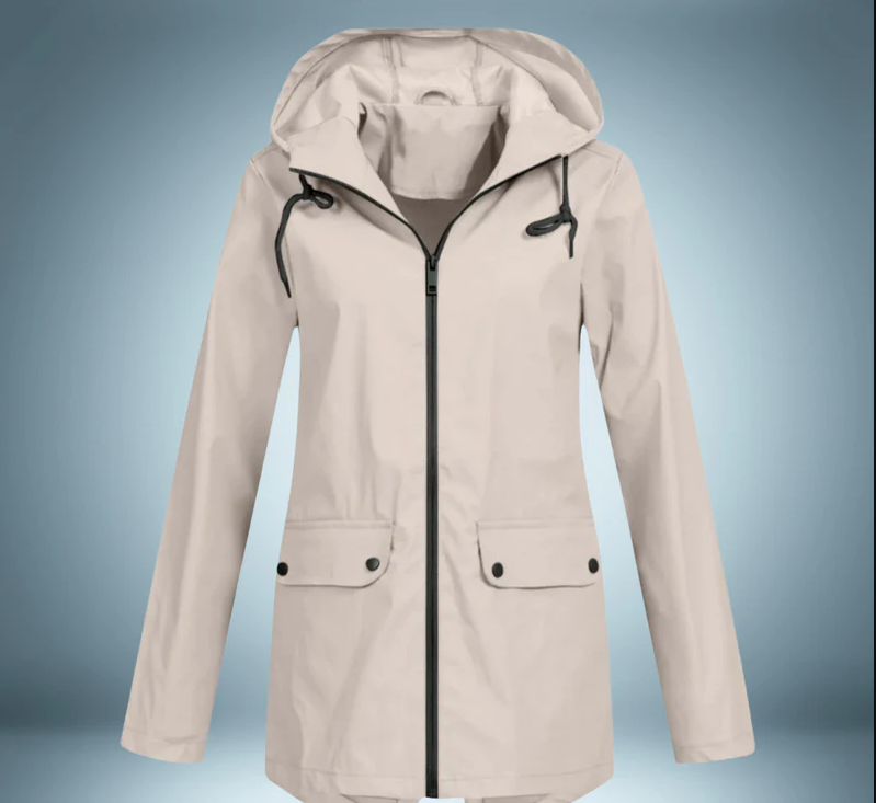 Women's waterproof hooded raincoat with secure pockets, breathable fabric, refined silhouette for daily wear