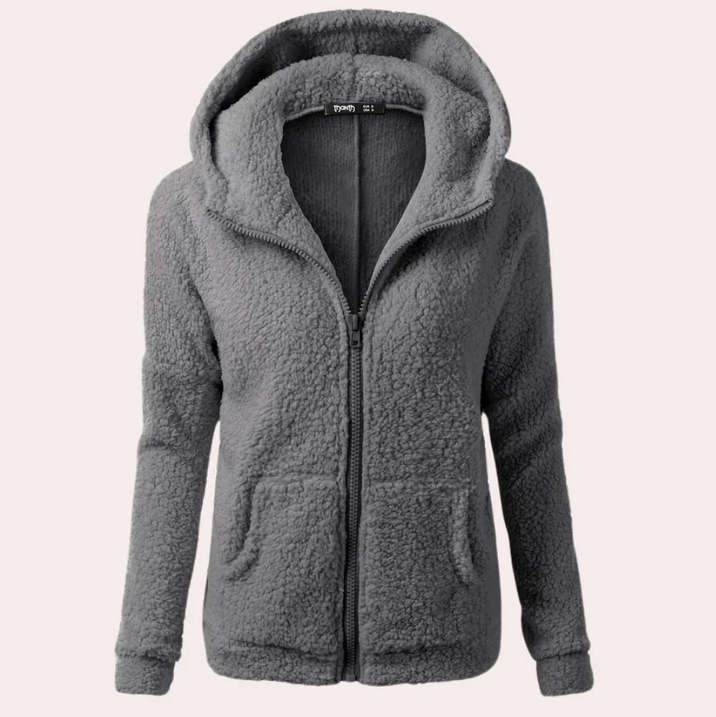 Women's long winter coat with hood, button-front closure, cozy sustainable outerwear in classic style