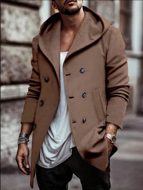 Men's hooded outdoor jacket in earth tones, weatherproof long-sleeve design with durable cold-weather protection