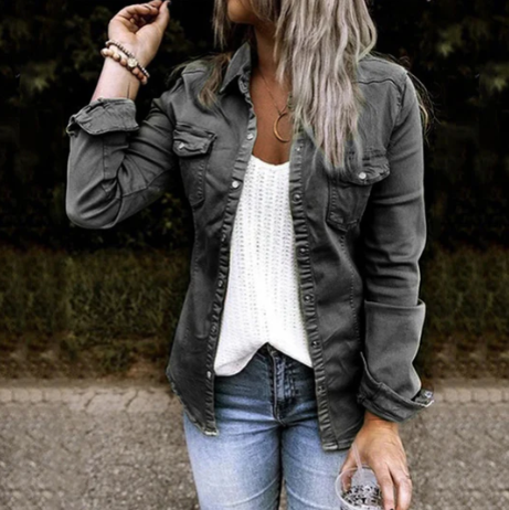 Women's blue denim jacket modern slim fit versatile layering piece with classic contemporary silhouette