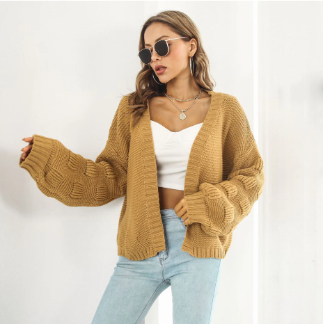 Cozy women's long sleeve cardigan in neutral tone, relaxed layering fit with chic everyday versatility