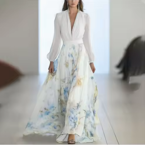 Romantic midi dress with wrap V-neckline, long sleeves, flared patterned skirt for elegant occasions