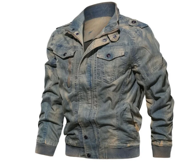 Hendrick men's blue denim jacket stand collar casual modern fit durable everyday wear