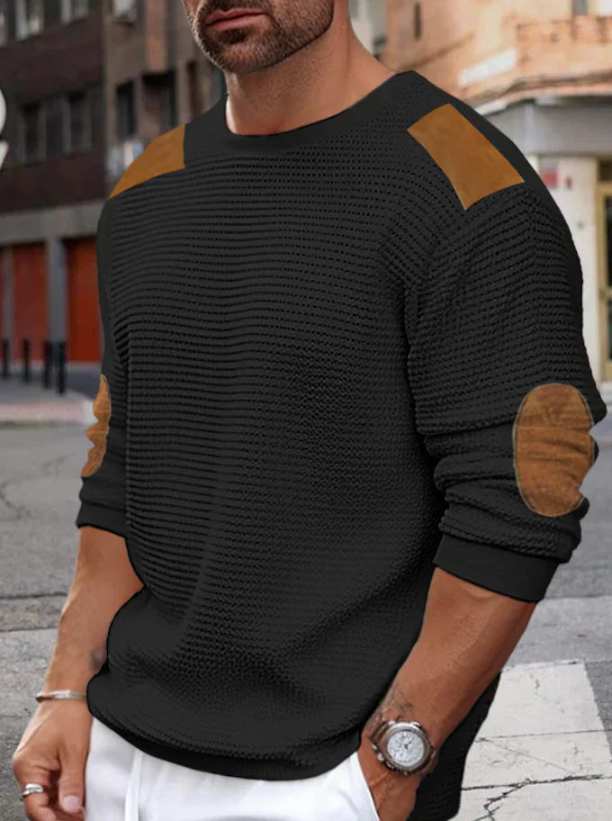 Men's beige waffle knit jumper relaxed fit with distinctive ribbed texture for cozy everyday warmth