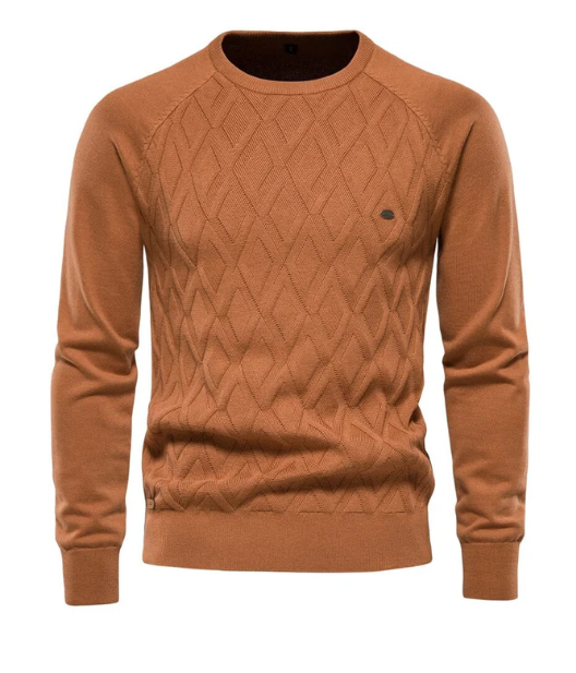 Men's slim fit grain knit sweater in earthy tones with tailored silhouette for smart casual wear