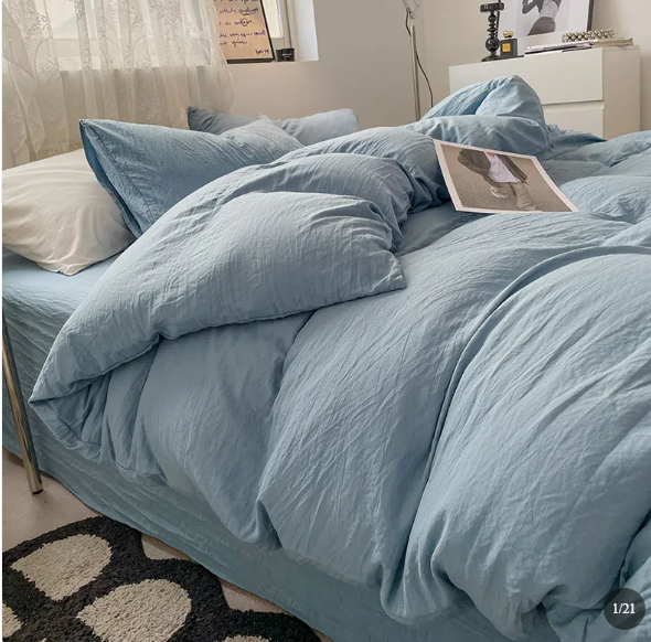 Washed cotton bedding set in neutral tones, minimalist style with pre-softened lived-in texture
