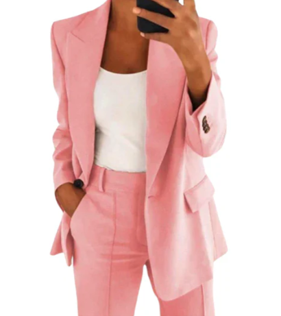 Women's tailored blazer set with matching trousers, elegant office wear in coordinated professional style