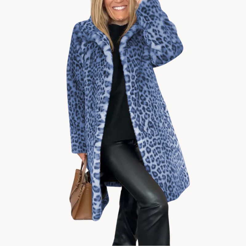 Women's leopard print winter coat warm bold sustainable outerwear with classic tailored silhouette