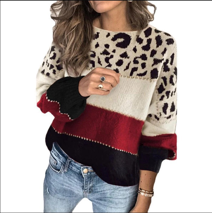 Women's wool blend knitted sweater relaxed fit animal print stripes long sleeve cozy fall style