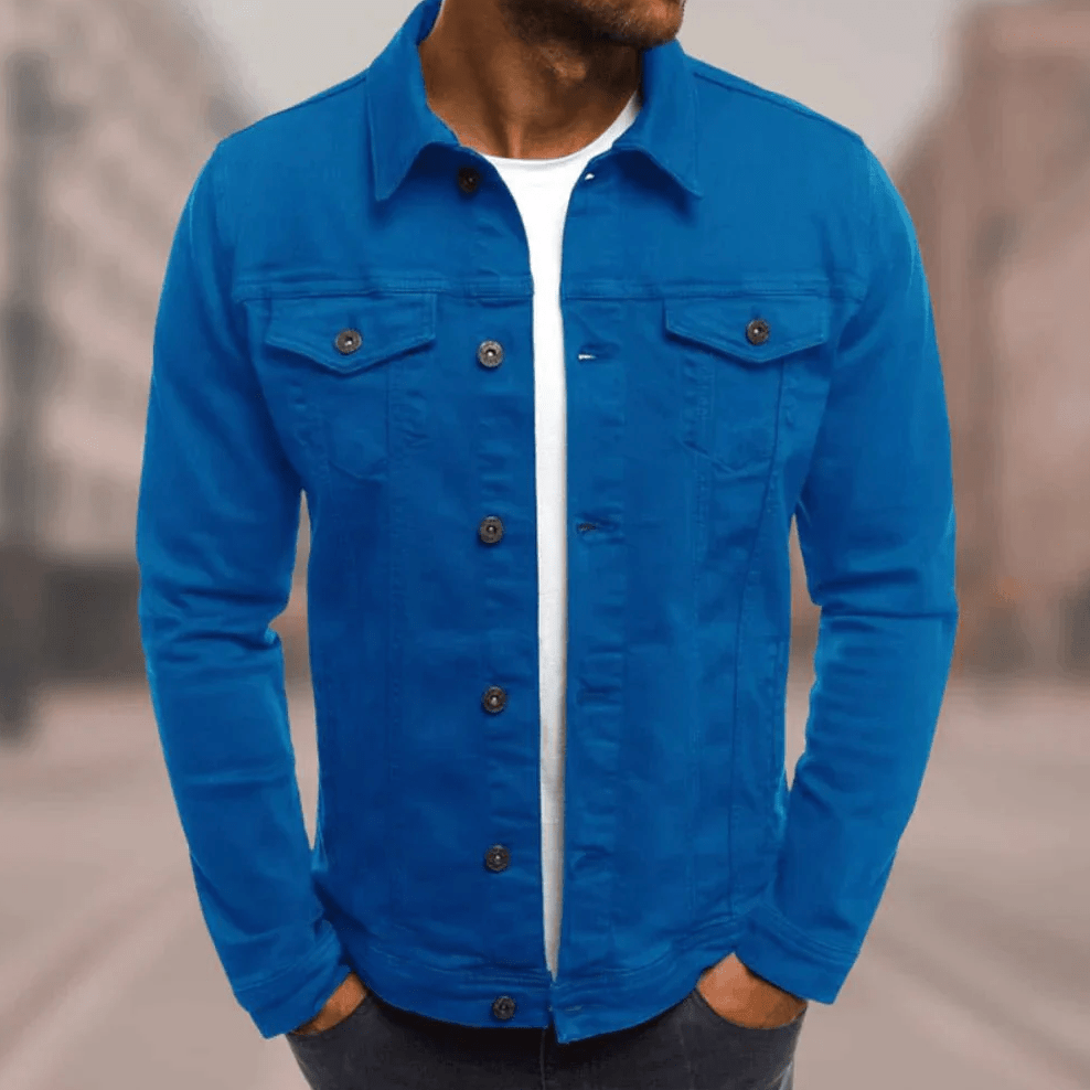 Men's slim-fit blue denim jacket with hip-hop streetwear aesthetic and close-to-body urban cut