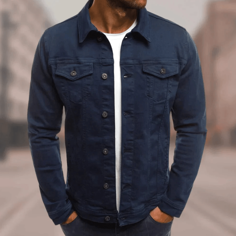 Men's slim-fit blue denim jacket with urban style and durable high-quality material for everyday wear