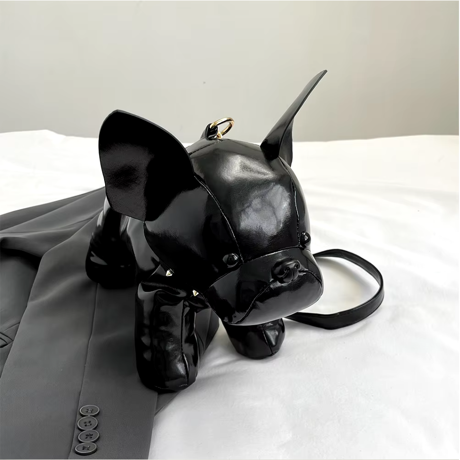 Charlie French bulldog crossbody bag sustainable vegan leather playful luxury adjustable strap dog lovers