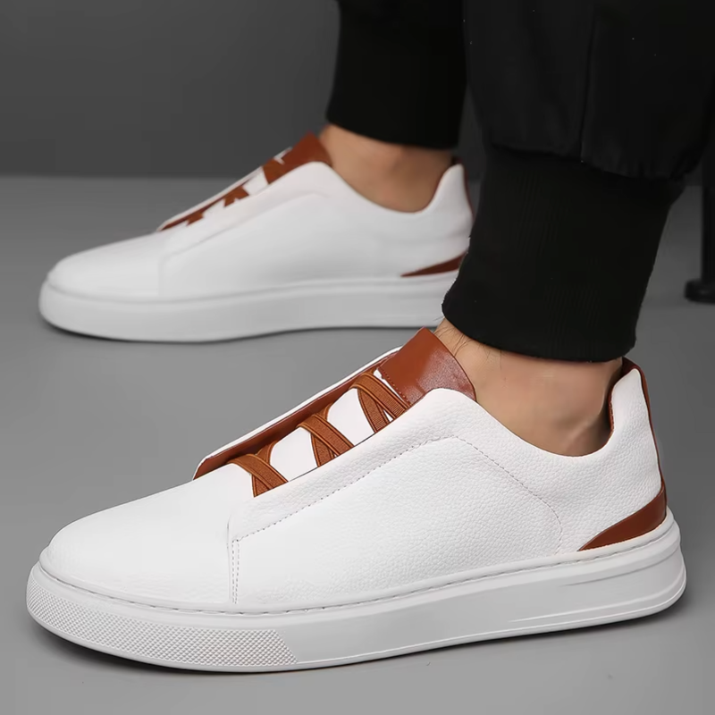 Men's slip-on low-top leather sneakers with contrast accent detailing for casual everyday style