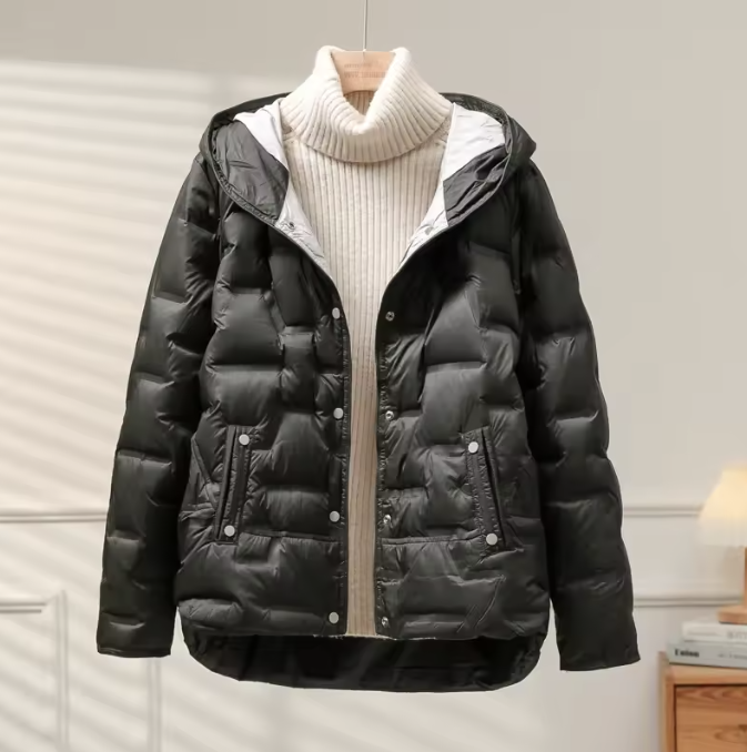 Men's white duck down puffer jacket with lapel collar, lightweight quilted insulation, effortless winter style