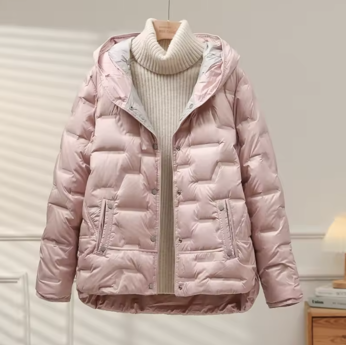Men's black lightweight quilted puffer jacket with lapel collar and white duck down insulation