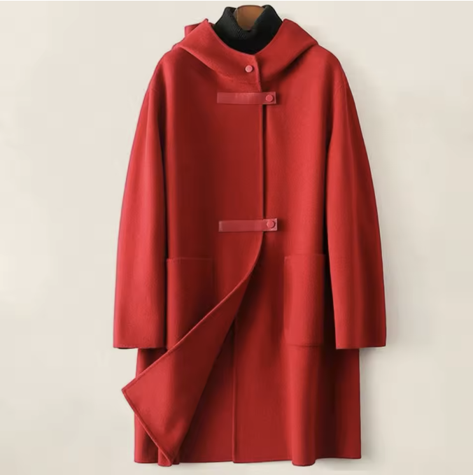 Women's hooded wool-blend overcoat relaxed loose fit double-sided wearable design premium layer