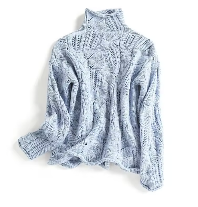 Belvoir merino wool turtleneck sweater in neutral hollow-twist knit with featherlight warmth layering