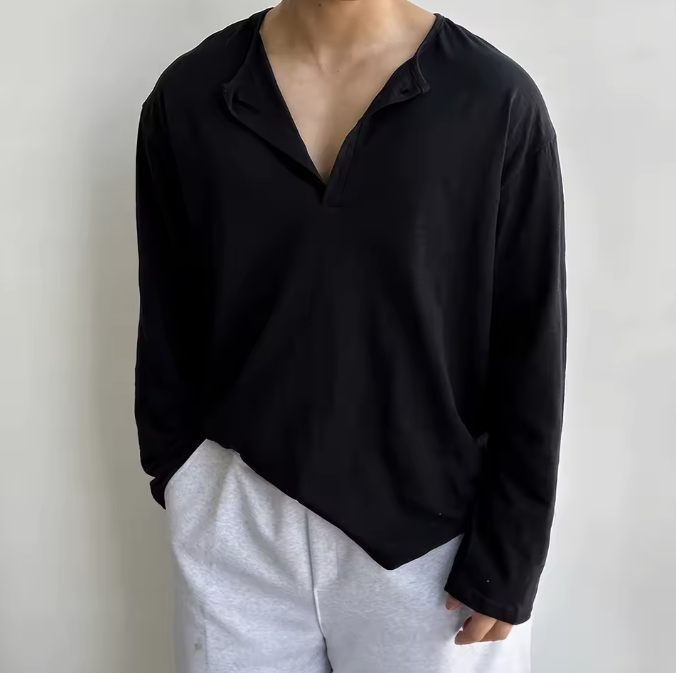 Men's relaxed fit open collar linen-texture cotton shirt breathable lightweight textured weave casual style