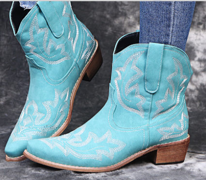 Women's mid-calf vegan leather western boots with floral embroidery and Cuban heel in classic brown