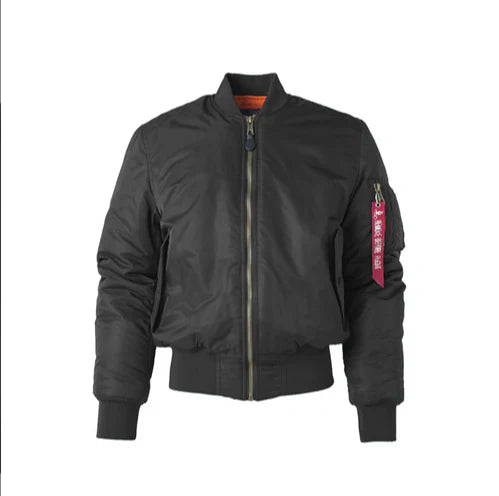 Navy men's bomber jacket classic fit wind-resistant fabric with utility pocket for urban everyday wear