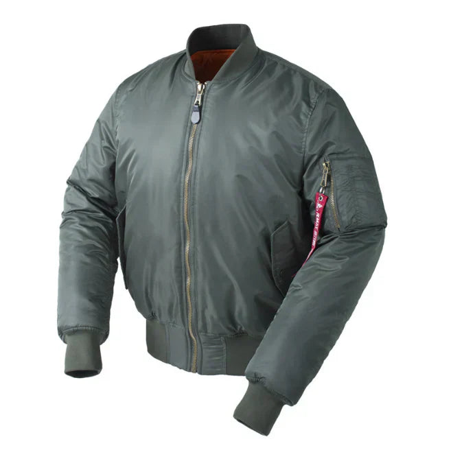 Men's navy bomber jacket classic fit wind-resistant fabric with utility pocket for urban everyday wear