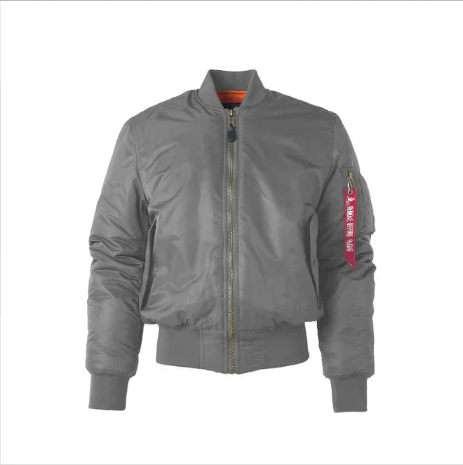 Navy men's bomber jacket classic fit wind-resistant fabric with utility pocket for urban everyday wear