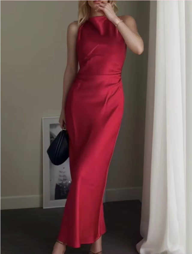 Elegant satin long dress with hooded neckline, sleek silhouette for sophisticated eveningwear