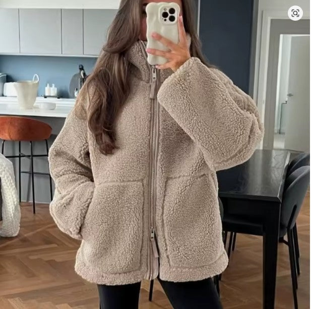 Women's sherpa zip-up jacket cozy plush fleece high collar hip-length warm layer