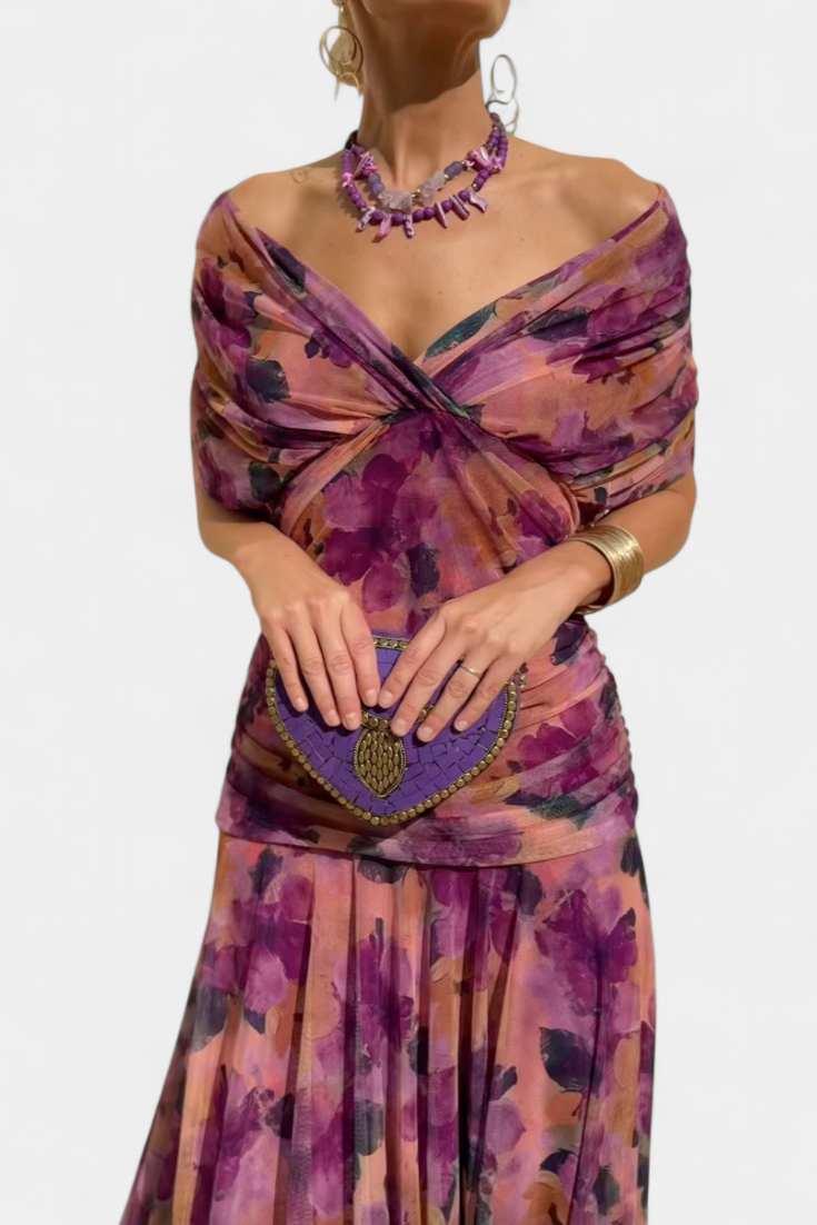 Women's off-shoulder draped midi dress with fitted bodice and flowing skirt for elegant evenings