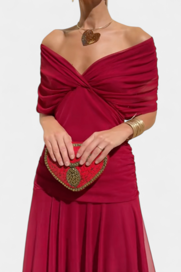 Women's off-shoulder draped midi dress with fitted bodice and flowing skirt for elegant evenings