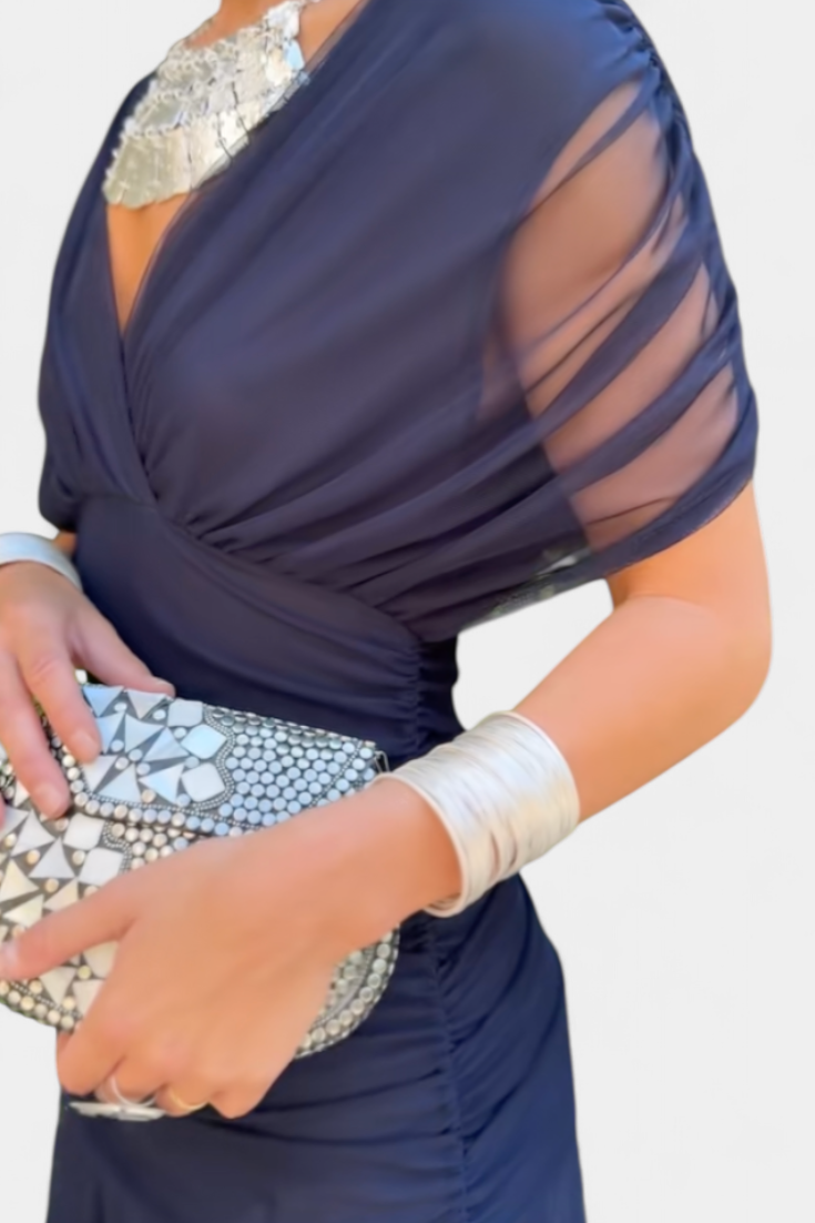Women's off-shoulder draped midi dress with fitted bodice and flowing skirt for elegant evenings