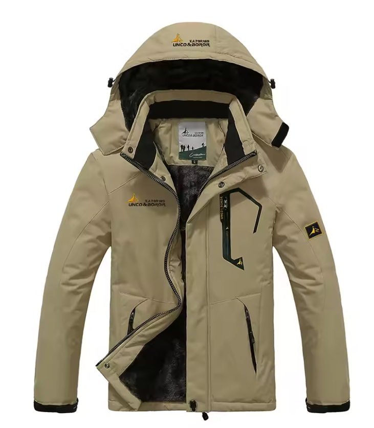 Men's hooded ski jacket with zippered pockets, urban outdoor style, all-weather winter wear