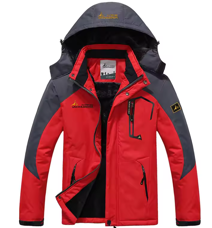 Men's hooded ski jacket with zippered pockets, urban outdoor style, all-weather winter wear