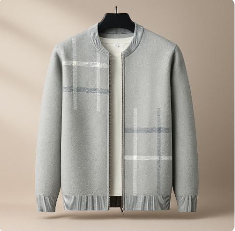 Men's regular fit plaid crewneck knit jacket with zip front closure in hip length cut